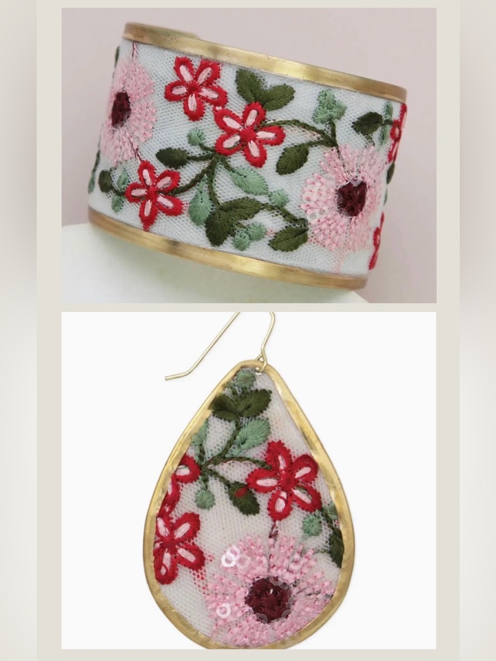 ZAD Floral Embroidered Pink & Red Cuff Bracelet and Drop Earrings Set